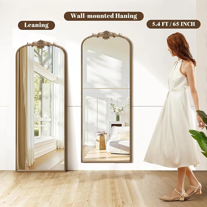 Besdomus Vintage Mirror Full Length: 21"x56" Brass Gold Arched Body Mirrors | French Floor Standing Metal Framed - Antique Baroque Traditional Ornate - Ideal for Foyer/Cloakroom/Bedroom/Dressing Room