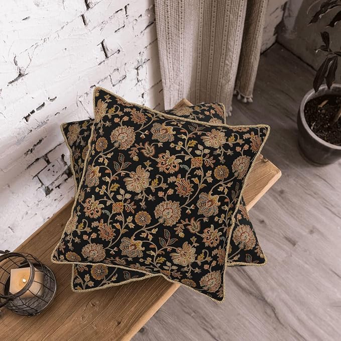 Vintage Tapestry Floral Soft Velvet Throw Pillow Covers Set of 2 Black Brown Bohemian Boho Carpet Flowers Decorative Pillow Covers 16x16 Inch Rustic Retro Rug Pillow Case For Sofa Couch Home Decor