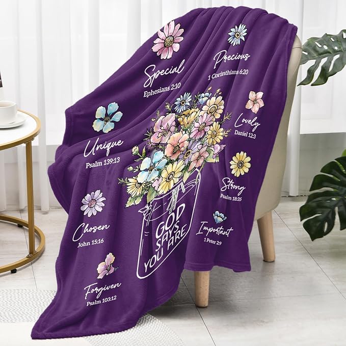 Christian Birthday Gifts for Women, Christmas Religious Gifts for Women | Baptism Religious Christmas Spiritual Gifts for Grandma Nana Mom Sister, Throw Blankets with Flowers, 60''x 50'', Deep Purple