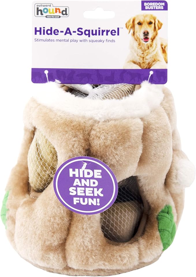 Outward Hound Hide-A-Squirrel Dog Toy – Interactive 2‑in‑1 Plush Puzzle with 3 Squeaky Removable Squirrels, Large (Pack of 12)