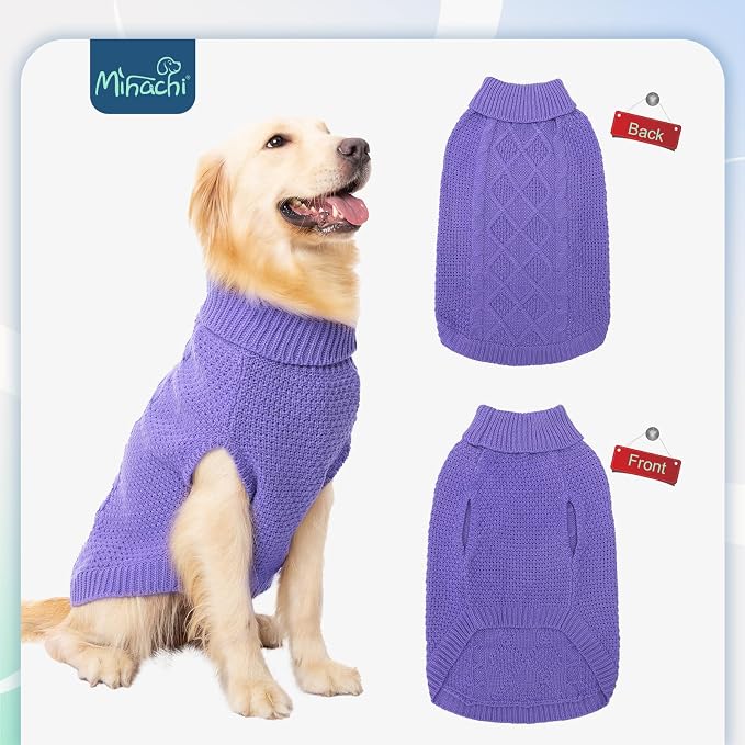 Mihachi Turtleneck Dog Sweater - Winter Coat Apparel Classic Cable Knit Clothes with Leash Hole for Cold Weather, Ideal Gift for Pet in New Year Light Purple SM