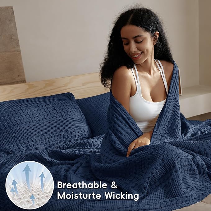 PHF 100% Cotton Waffle Weave Blanket Queen Size, Lightweight Breathable Summer Blanket for Hot Sleepers, Pre-Washed Soft Layer for Bed, Couch, Aesthetic Home Decor & Gift, 90"x90", Blue Sapphire