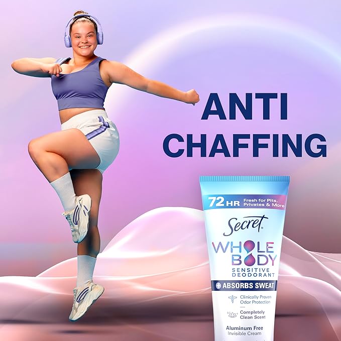 Secret Whole Body Deodorant Dry Feel Cream + Absorbs Sweat for Women, Completely Clean Scent, Aluminum Free Deodorant, 72 HR Odor Protection, 3.0 oz