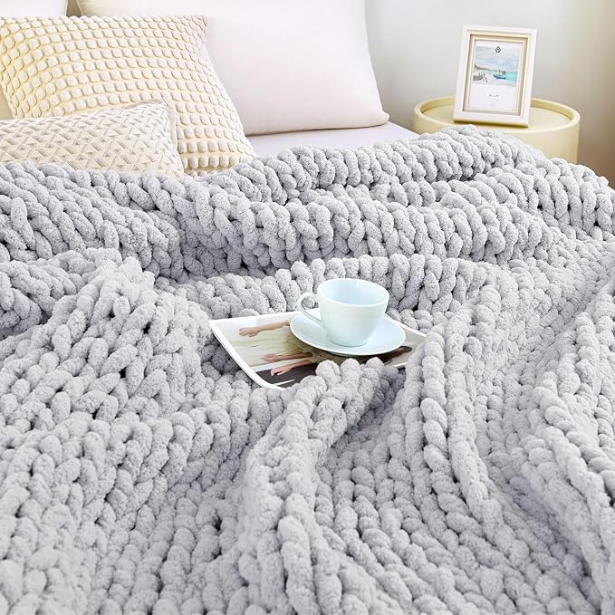 Chunky Knit Blanket Throw for Couch, 51"x63" Chunky Yarn Knitted Blankets | 100% Hand Knit Thick Chenille, Soft Breathable for Bed, Sofa, Home Decor, Cozy Gifts for Women Friends, Light Gray