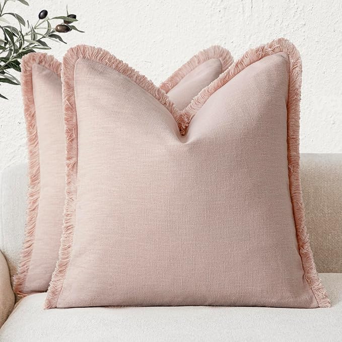 Foindtower Set of 2 Decorative Linen Fringe Throw Pillow Covers Cozy Boho Farmhouse Cushion Cover with Tassels Soft Accent Pillowcase for Couch Sofa Bed Living Room Home Decor,26×26 Inch,Light Pink