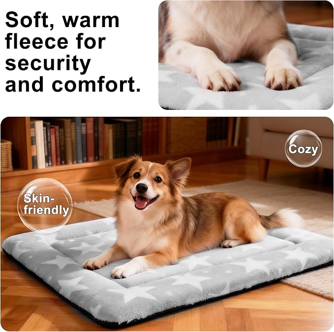 Dog Bed Mat – Soft & Comfortable Dog Kennel Pad for Crate – Durable Crate Bed & Mat for Dogs & Cats – Ideal for Crate, Kennel, and Home Use (Big&Little Stars Grey, M(30"*20"*1.5"))