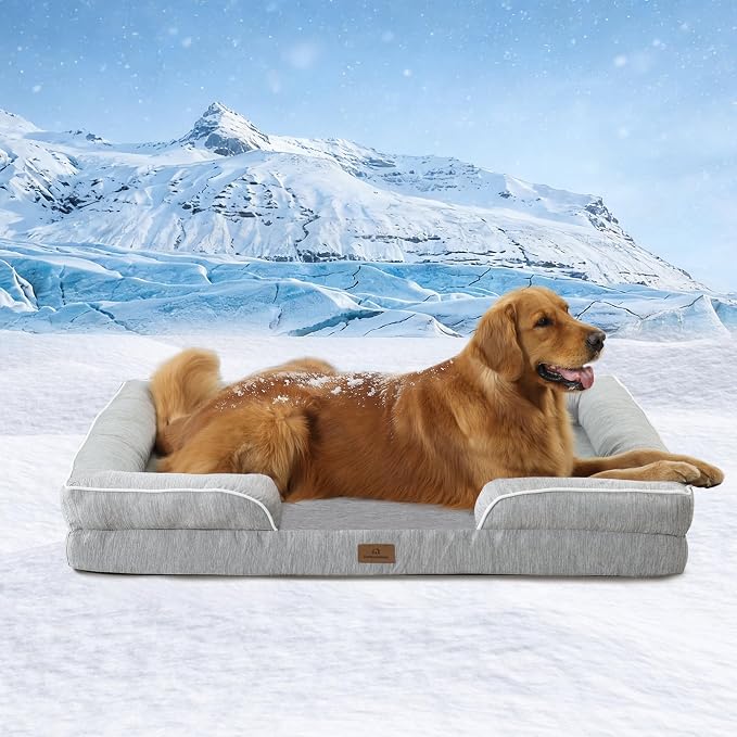 Cooling Dog Bed,Dual-Cooling Design,Q-Max >0.4 Cool Pet Beds for Extra Large Dogs,Orthopedic Foam Dog Bed with Sides, Removable Cover & Waterproof Lining,Grey (48" L x 32" W x 8" Th)