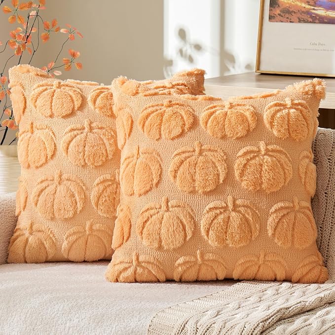 MIULEE Fall Pillow Covers Pumpkin Fall Decor 16x16 Pumpkin | Set of 2 Fall Decorations for Home, Plush Faux Fur Farmhouse Accent Pillowcases, Porch Sofa Couch Cushion Bed Livingroom