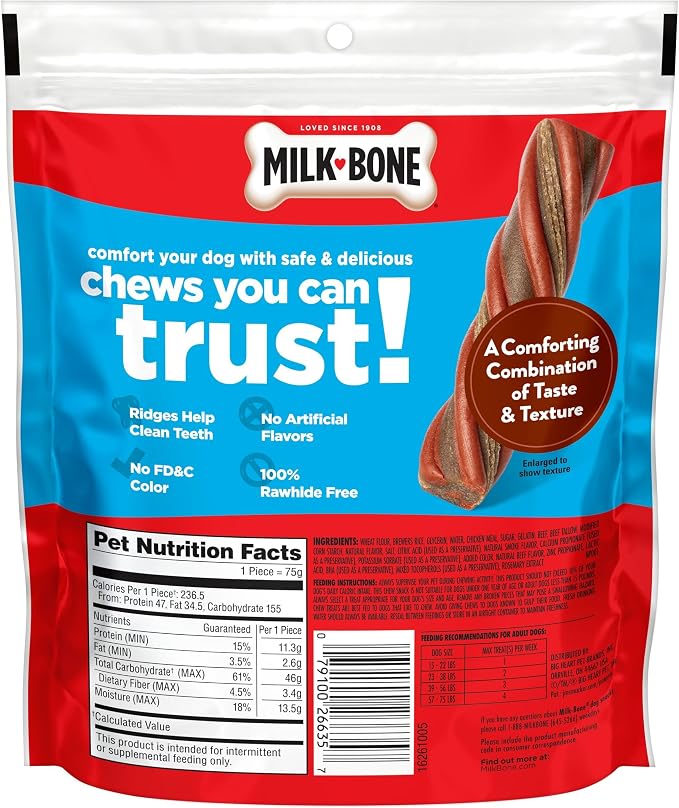 Milk-Bone Comfort Chews, Unique Chewy Texture & Real Beef, 15 Dog Chews | 5 (3-count) bags, For dogs 15-75 lbs., Rawhide-free dog chews, Made with real beef