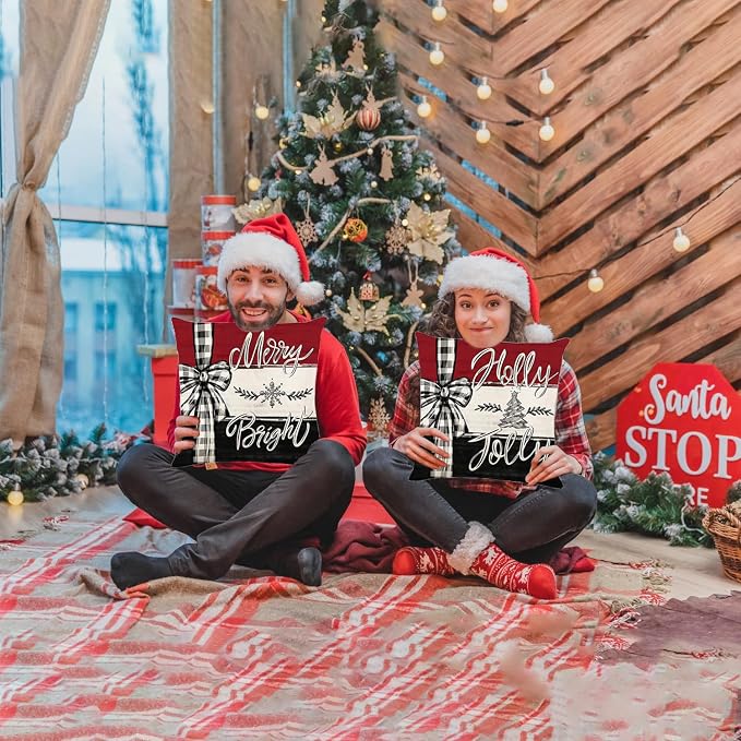ONFAON Christmas Decorations - Merry Christmas Trees Red Throw Pillow Covers 18x18 Set of 4,Winter Holiday Decor Throw Cushion Case for Home Couch