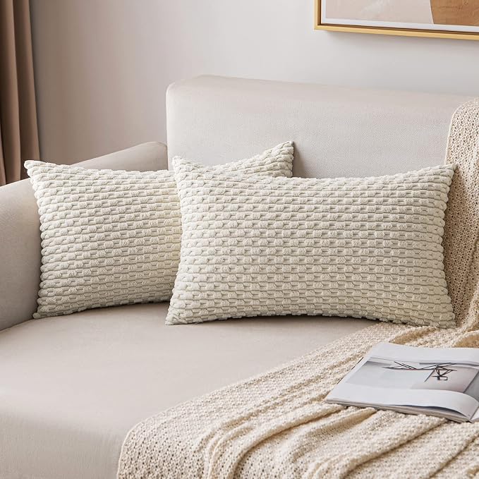 MIULEE Lumbar Decorative Throw Pillow Covers 12x20 Cream White Corduroy | Textured Striped Pack of 2 Striped Pillow Covers Modern Farmhouse Home Decor for Couch Bed Sofa Living Room