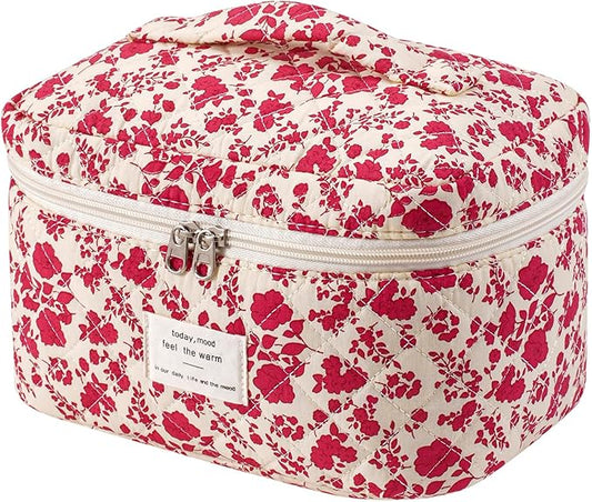uekeboag Large Travel Quilted Makeup Bag for Women, Floral Cotton Cosmetic Bag, Coquette Aesthetic Floral Toiletry Organizer Bag