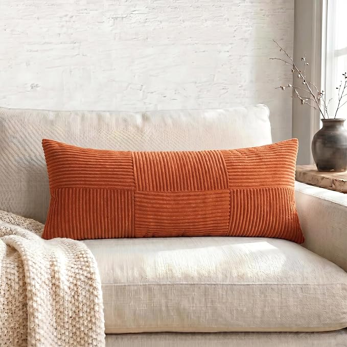 Fancy Homi Set of 2 Burnt Orange Boho Long Lumbar Body Decorative Throw Pillow Cover 14x36 Inch for Bed Couch Bedroom Bench, Soft Patchwork Corduroy Textured Pillow Case, Rustic Farmhouse Room Décor