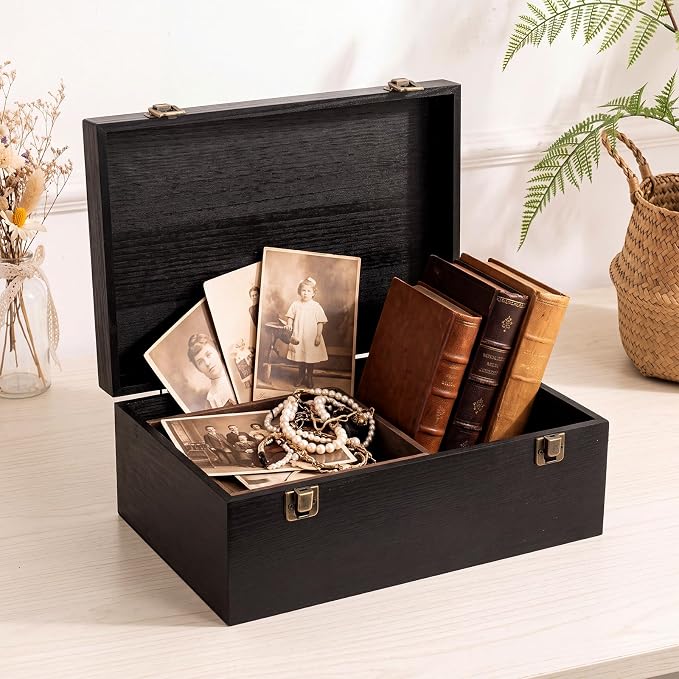 Sliner 1 Pcs Wooden Decorative Storage Boxes with Lids Vintage Wood Organizer Bins for Your Bookshelf Home Decor Safely Store Photos Documents Memory Jewelry Craft Storage (Glossy Black,M Size)