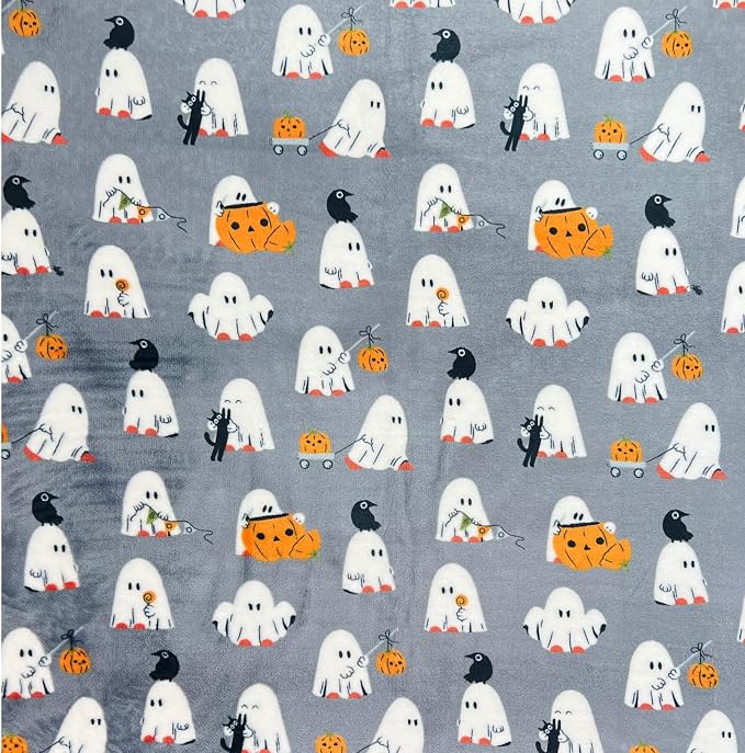 Halloween Ghost Fleece Throw Blanket, Cute Baby Ghost Party, Gray, 50x70 in | Ultra-soft cozy flannel fleece, for sofa couch bed chair & dorms, spooky Halloween décor, durable and machine washable.