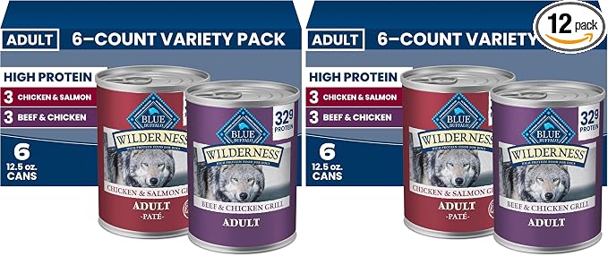 Blue Buffalo Wilderness High Protein Beef and Chicken & Salmon and Chicken Wet Dog Food Variety Pack for Adult Dogs,Grain-Free,12.5 oz Cans,(Pack of 12)