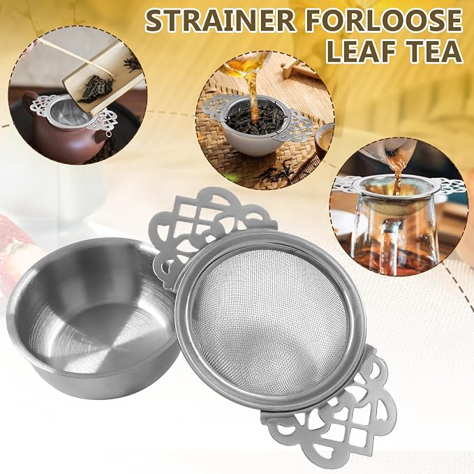 4 Pack Fine Mesh Tea Strainers with Drip Bowls, Stainless Steel Loose Leaf Tea Filter, Double Wing Handles for Mugs & Cups 2.5-4 Inch Mouth, Silver