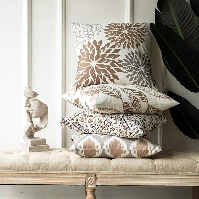 Phantoscope Set of 4 New Living Series Fall Leaf Geometric Coffee Throw Decorative Pillow Cover Cushion Cover 18 x 18 inches 45 x 45 cm