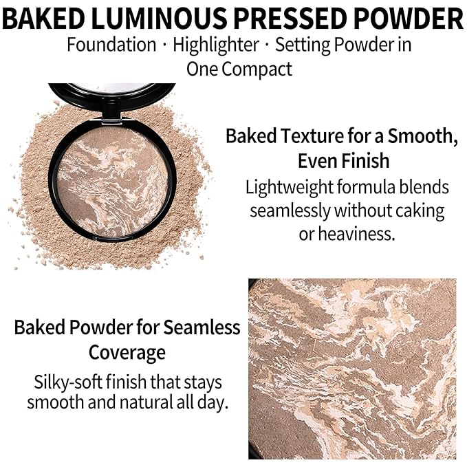Baked Luminous Pressed Powder–Glow-Infused Foundation,Highlighter & Setting Powder in One–Color-Correcting,Oil-Control,Long-Lasting Coverage for All Skin Tones 05