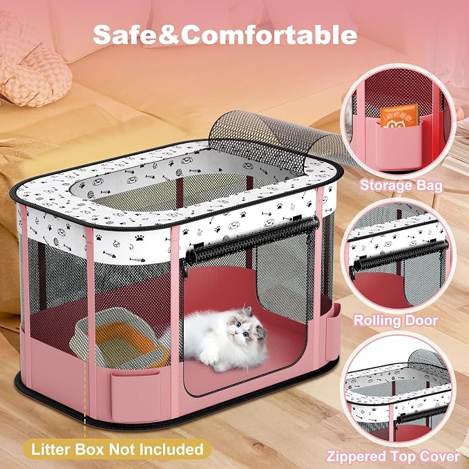 Portable Cat Playpen, 8-Rod Reinforced Kitten Dog Playpens, Foldable Play Pen for Indoor Cats Enclosed Pet Puppy Doggy Outdoor, Collapsible Tent Kennel Cage, Pink