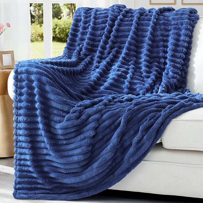 decorUhome Navy Blue Fleece Throw Blanket 50x60 Inches | Soft Couch Cozy Fluffy Plush Flannel Striped Blanket for Sofa Bed, Lightweight Decorative Ribbed Fuzzy Blanket for Woman