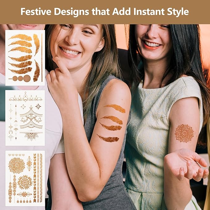 9 Sheets Gold Tattoos Temporary,Lasting Gold Tattoos for Women, Flash Glitter Body Art Temporary Tattoo for Festivals, Parties, and Cosplay Festival Accessories