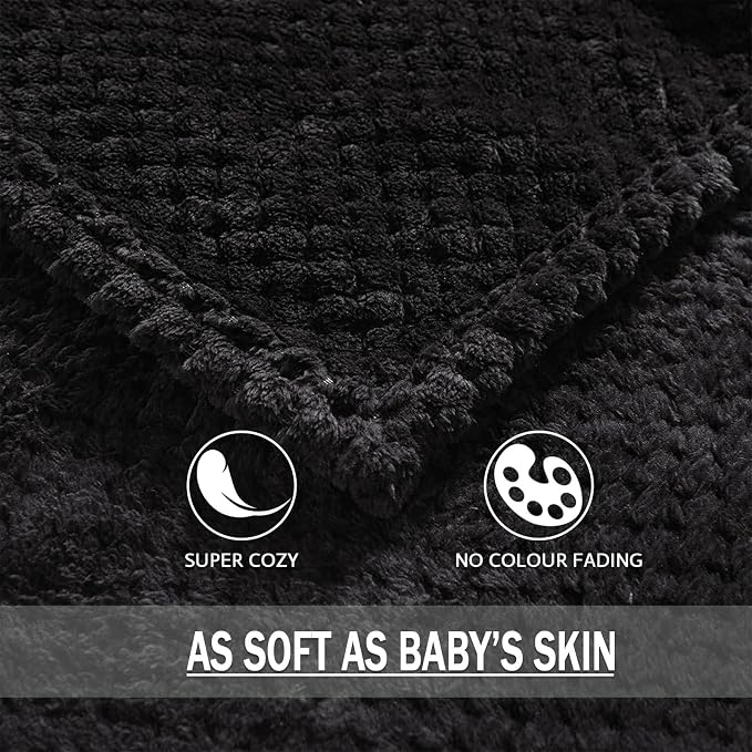 Exclusivo Mezcla Large Waffle Fleece Throw Blanket for Couch, Black | Lightweight Soft Blanket for Sofa, Bed, Living Room, Plush Fluffy Throw for Home Decor, Travel, All Season, 50x70 Inches