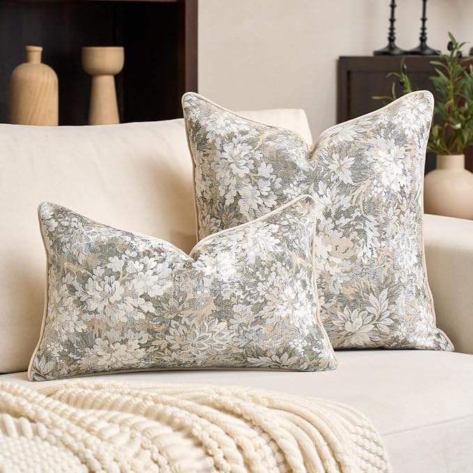 Alerfa Beige Neutral Floral Pillow Cover 18 x 18 Inch, Vintage Chenille Square Couch Pillow Cover Soft Decorative Farmhouse Accent Pillowcase for Living Room Bedroom
