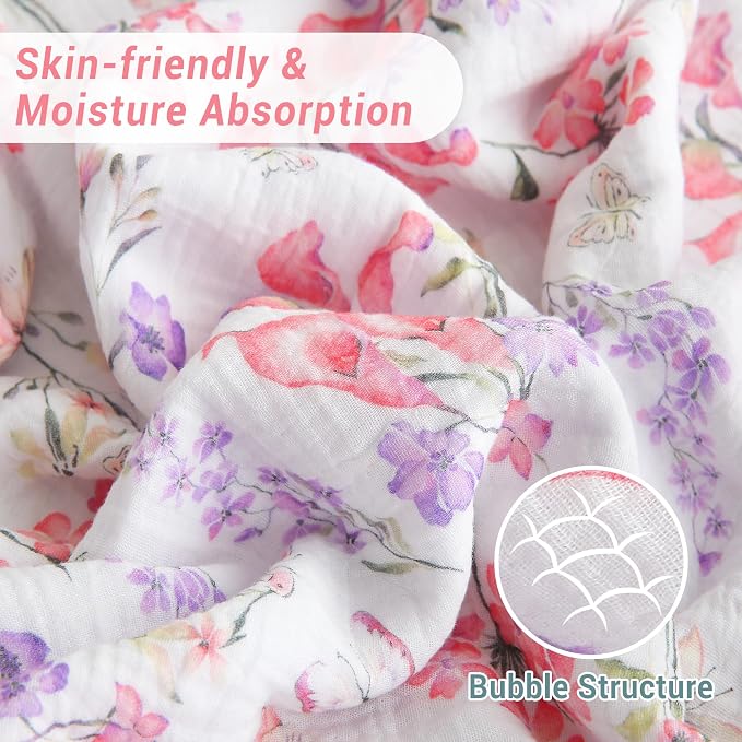 Viviland Cooling Muslin Blanket King Size for Bed Summer Gauze Blanket for Adults Breathable Lightweight Soft for Hot Sleepers Linen Pink Purple Flowers 90 x 108 Inches