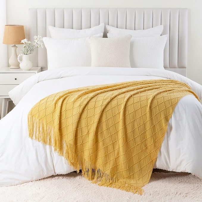 BATTILO HOME Mustard Throw Blanket with Fringe Geometric Bed Gold Yellow Throws Breathable Decorative Large Throw for Couch Sofa Indoor Outdoor (Mustard, 50"x60")