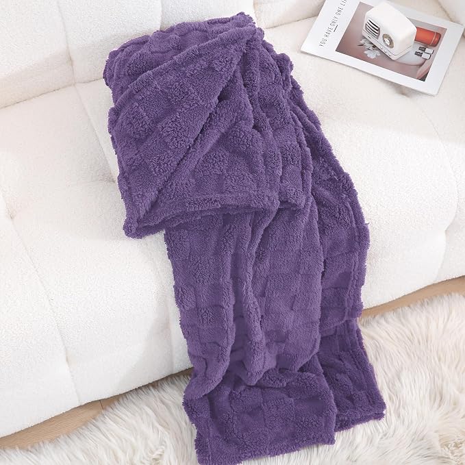 Lavender Fleece Throw Blanket 50”×60”Checkered Design for Couch | Super Soft Cozy Plush Microfiber 3D Square Pattern Flannel Blanket for Sofa Bed Lightweight for Adults,Women