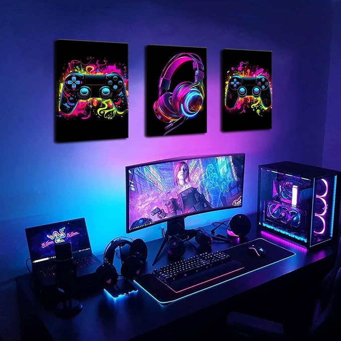 BGFCE Game Room Decor Set of 3, Neon Gaming Video Game Room Wall Art, Gaming Canvas Paintings Posters Prints for Teen Boys Room Children Teen Wall Decor Framed 16x24 in