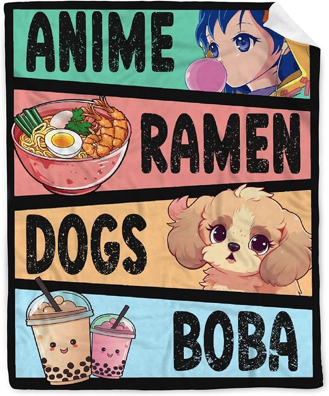 Kawaii Anime Blanket for Girls and Women - Ramen Dogs Boba Flannel Decor - Luxurious Warm and Cozy - M 50X60 Inch for Teen/Travel