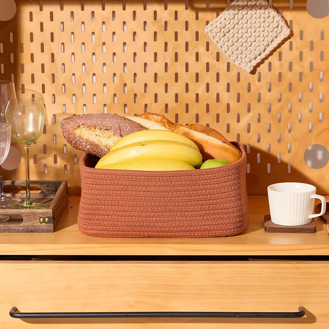MiniArk Small Storage Baskets for Organizing | Closet Organizer Bins | Shelf Toy Basket | Woven Rope Baskets | Cube Decorative Box | Shallow Basket | 11.5x7.5x4.7” | 3 Packs Oxide Red