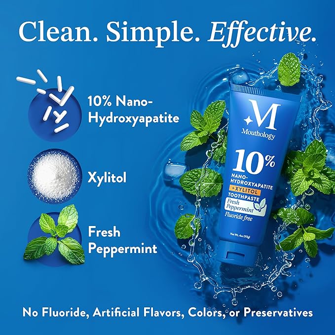Mouthology 10% Nano Hydroxyapatite Toothpaste (Fluoride Free), Whitening*, Rod Shaped nHa, Xylitol Toothpaste for Adults, Enamel Care*, Sensitive Teeth*, SLS Free, Mint 4oz (USA Made)