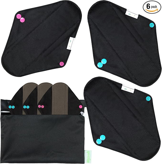 wegreeco Charcoal Reusable Menstrual Pads - Reusable Sanitary Pads | Reusable Panty Liners | Soft Cloth Menstrual Pad- 6 Pack with 1 Cloth Mini Wet Bag (Large, Black)