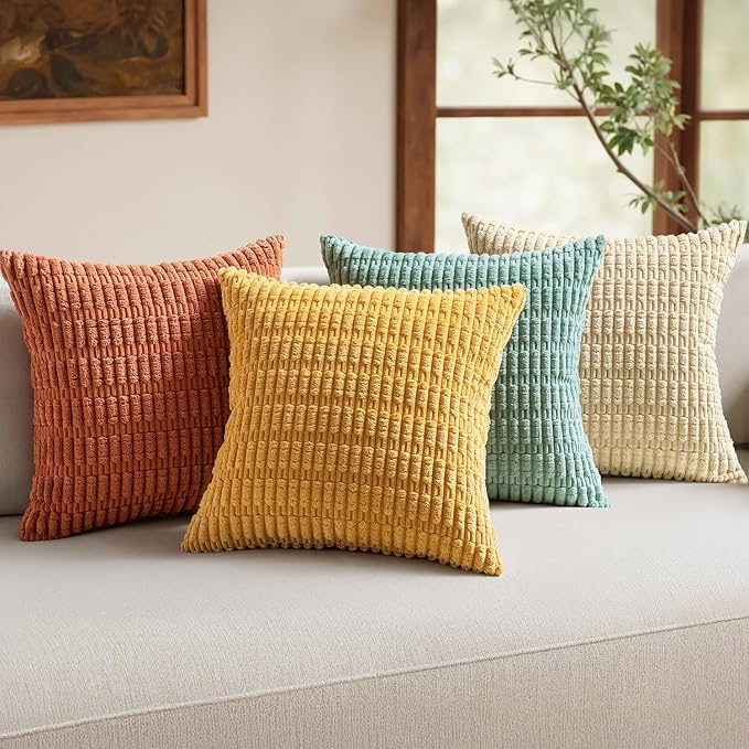MIULEE Pack of 4 Corduroy Decorative Throw Pillow Covers 18x18 Orange Teal | Neutral Rustic Farmhouse Boho Soft Striped Pillow Covers,Home Decor for Sofa,Living Room,Couch,Bed