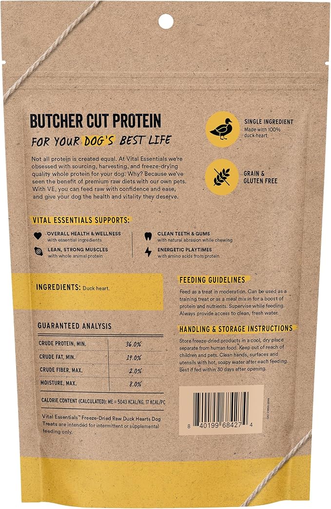 Vital Essentials Freeze Dried Raw Duck Hearts Dog Treats, 3.5 oz Bag | Single Ingredient, Premium Quality Protein, Grain Free Treats, USA Made with U.S. & Globally Sourced Ingredients