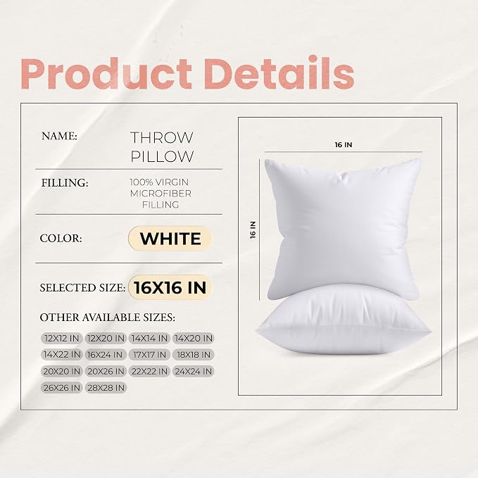 Utopia Bedding 16x16 Pillow Inserts, White Throw Pillows for Couch, 2 Pack | Indoor cushion inserts for bed, sofa & couch, Supportive & fluffy decorative pillows for everyday comfort, Set of 2, White