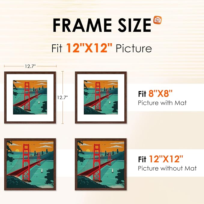 12x12 Picture Frame Brown Set of 2, Photo Frame with HD Plexiglass, Display Pictures 8x8 with Mat or 12x12 Without Mat, Brown Picture Frames Collage Wall Decor, Gallary Wall Frame