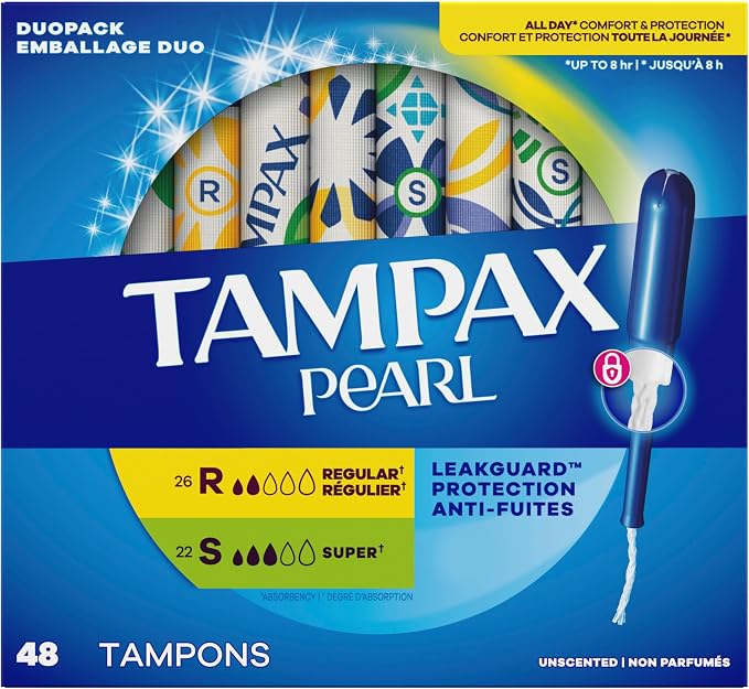 Tampax Pearl Tampons for Women Multipack, with LeakGuard Braid, Regular/Super Absorbency, Unscented, 48 Count