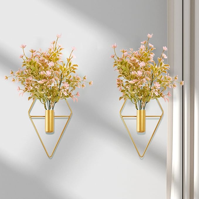 Yorkmills Plant Wall Decor Gold Hanging Vase with Pink Artificial Flowers | Diamond Metal Wall Planter Decorations Set of 2, Fake Plant Home Wall Decor for Living Room, Dining Room, Bedroom, Bathroom