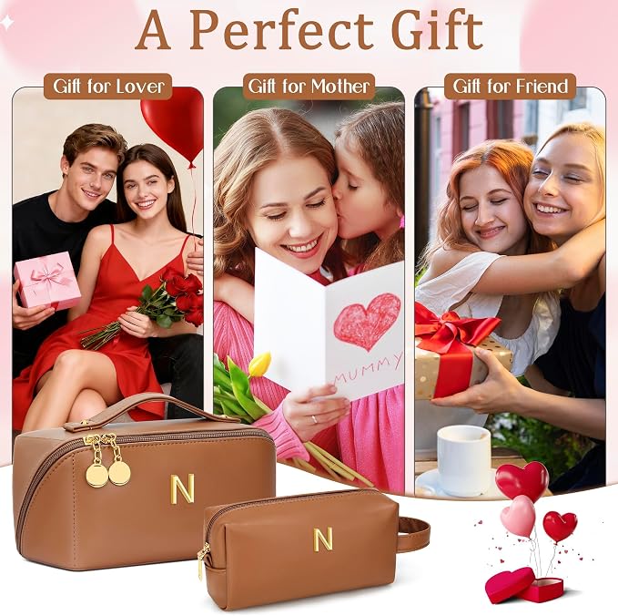 KKXIU Initial Makeup Bag for Women - Personalized Makeup Bag Gifts for Women, Travel Toiletry Bag with PU Leather, Open Flat Design with Top Handle, Cosmetic Bag Set with Multi-Pocket (Brown,N)