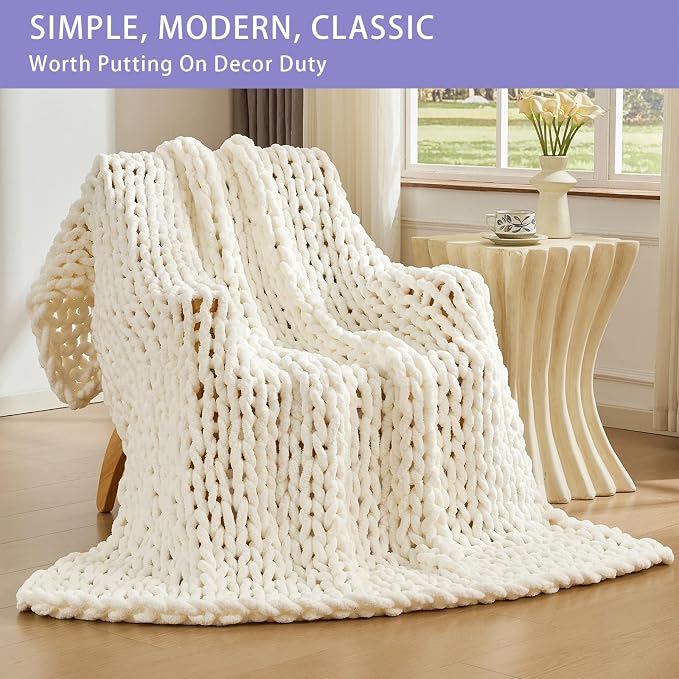 Bigacogo Chunky Knit Throw Blanket for Couch, 51x63 inches, Ivory | Hand Knit with Jumbo Chenille, Soft Breathable Cable Knit for Sofa Bed Living Room, Machine Washable, Gift for Mom Friend