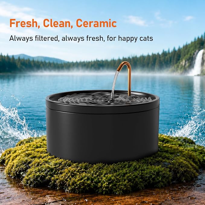 MISFANS Ceramic Dog Water Fountain, All-Ceramic Body, Pure Copper Spout | 4L/135oz Capacity, Under 20dB Pump, Dual Filtration, 3 Filters and 3 Sponges, Two Flow Modes, Small and Medium Dogs, Black