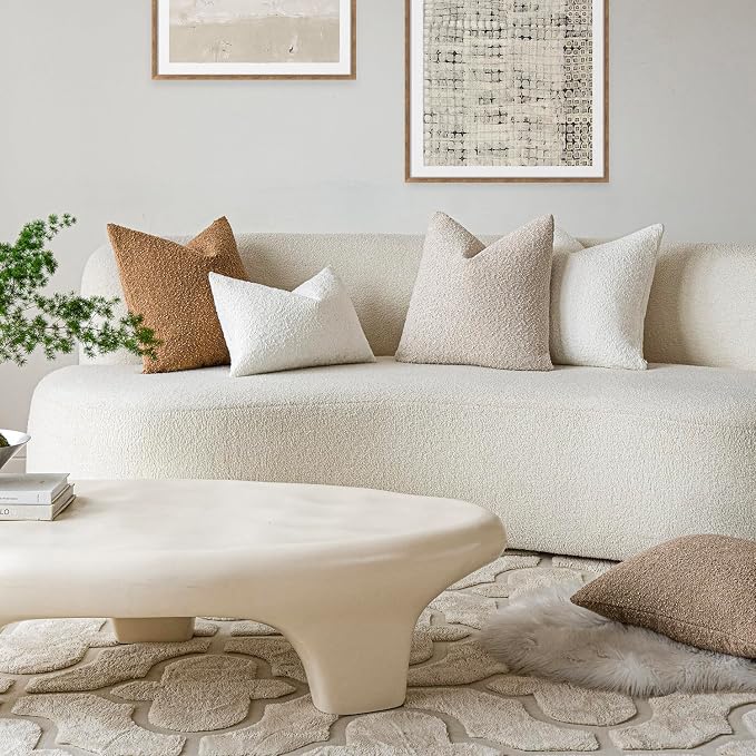 Foindtower Set of 2, Decorative Textured Boucle Throw Pillow Covers Accent Solid Pillow Cases Neutral Cozy Couch Cushion Case for Chair Sofa Bedroom Living Room Home Decor 16 x 16 Inch Ivory Beige