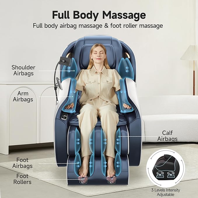 Real Relax 2025 Massage Chair Full Body, Zero Gravity SL-Track Massage Recliner with Added Phone Controller and Holder, Pause Button,Upgraded LCD Screen，APP Control and Child Lock, Favor-06, Blue