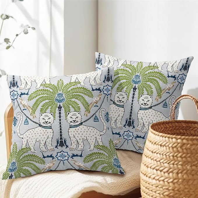 Animal Print Leopard Tropical Tree Pillow Covers 24X24 Inch Set of 2 Vintage Asian Bird Decorative Pillow Cases Green White Grey Cotton Linen Cushion Case Farmhouse Home Decor For Sofa Couch Bed