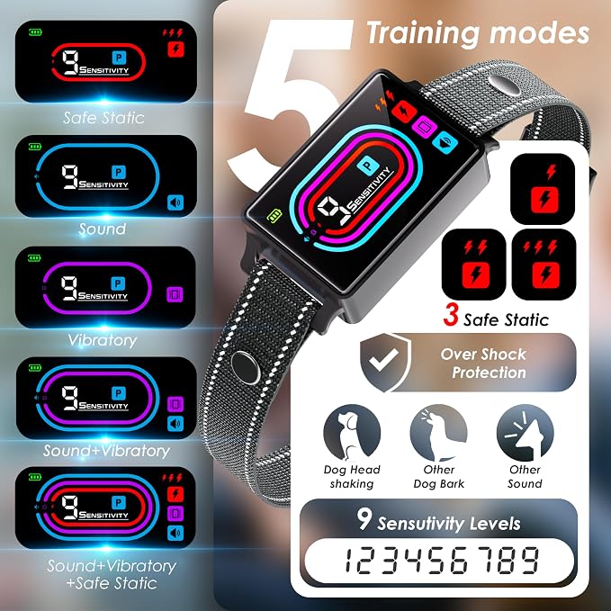 Dog Bark Collar, Smart Bark Collars for Dogs 5–130 lbs, Upgraded Anti Bark Training Collar with Beep, Vibration & Shock, 9 Sensitivity Levels, 5 Training Modes, Rechargeable & IPX7 Waterproof