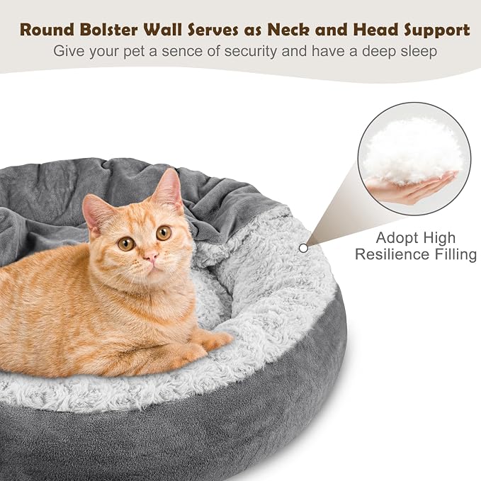 JOEJOY Small Dog Bed Cat Bed with Hooded Blanket, Cozy Cuddler Luxury Puppy Pet Bed, Donut Round Calming Anti-Anxiety Dog Burrow Cave Bed - Anti-Slip Bottom and Machine Washable 26 inch